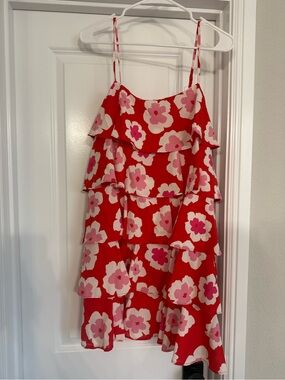 Pink Lily Red Tiered Sundress with Pink Floral Print